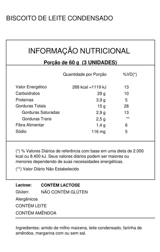 Tabela Nutricional Biscoito de Leite Condensado